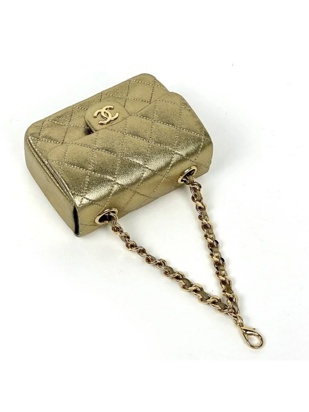 Chanel CC Logo Chain Pouch Mini Quilted Charm Leather Gold